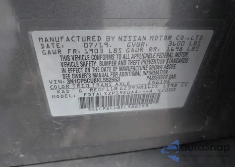 2019 Nissan Kicks Sv z USA, uszkodzony, nr VIN 3N1CP5CU8KL552553